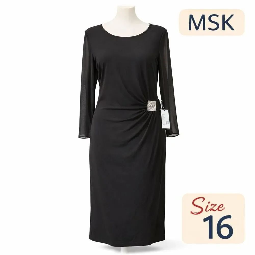 MSK Black Dress Size 16 Ruched Rhinestone Accent Sheer Sleeve Midi